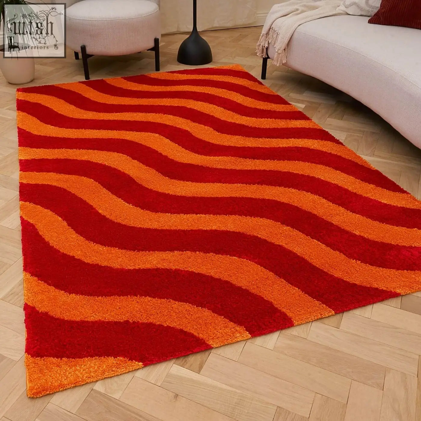 Vibrant joli wave red plush area rug with flowing wave pattern in red and orange perfect for cozy spaces