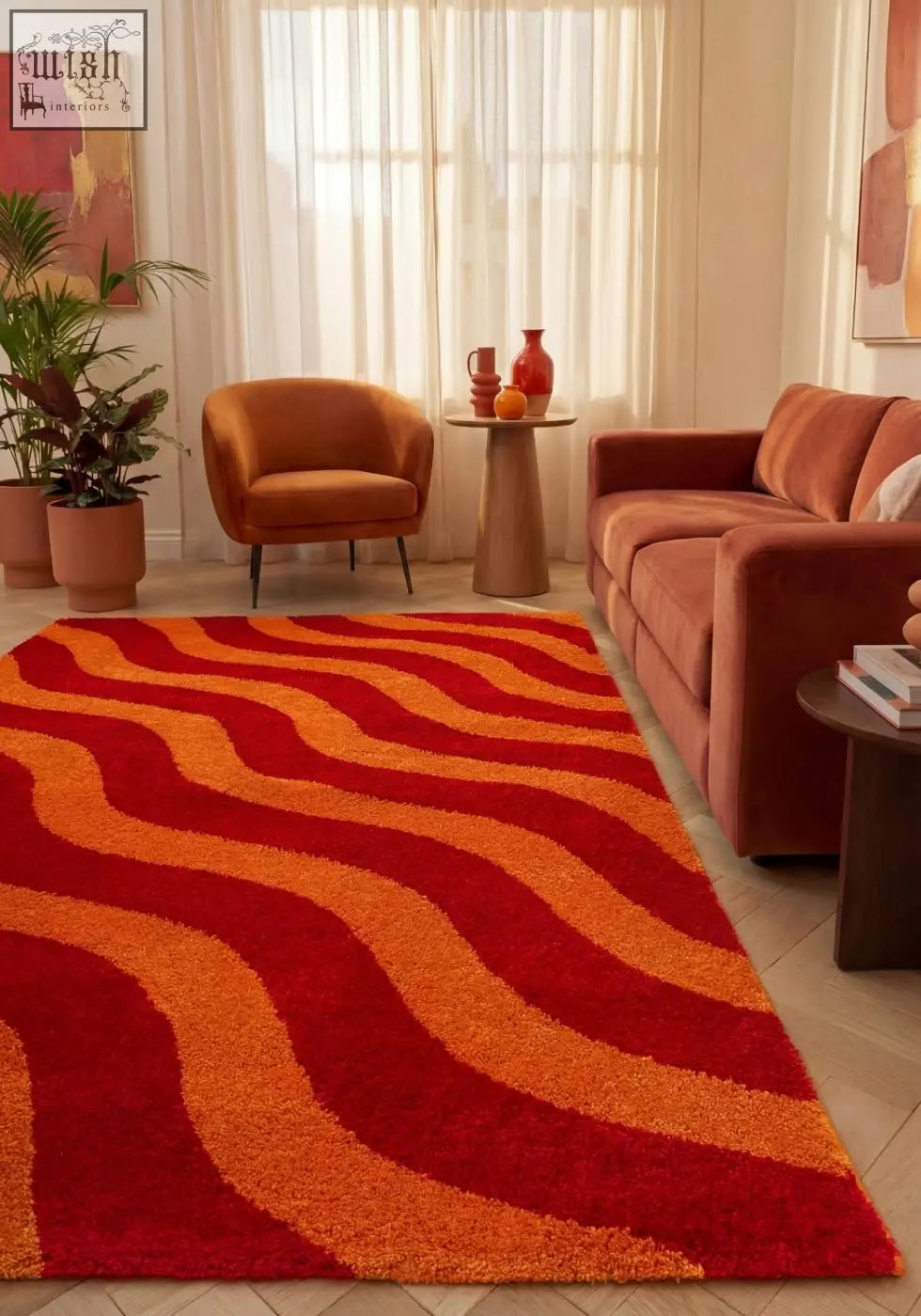 Vibrant red and orange joli wave shag rug with flowing wave pattern perfect for cozy living spaces