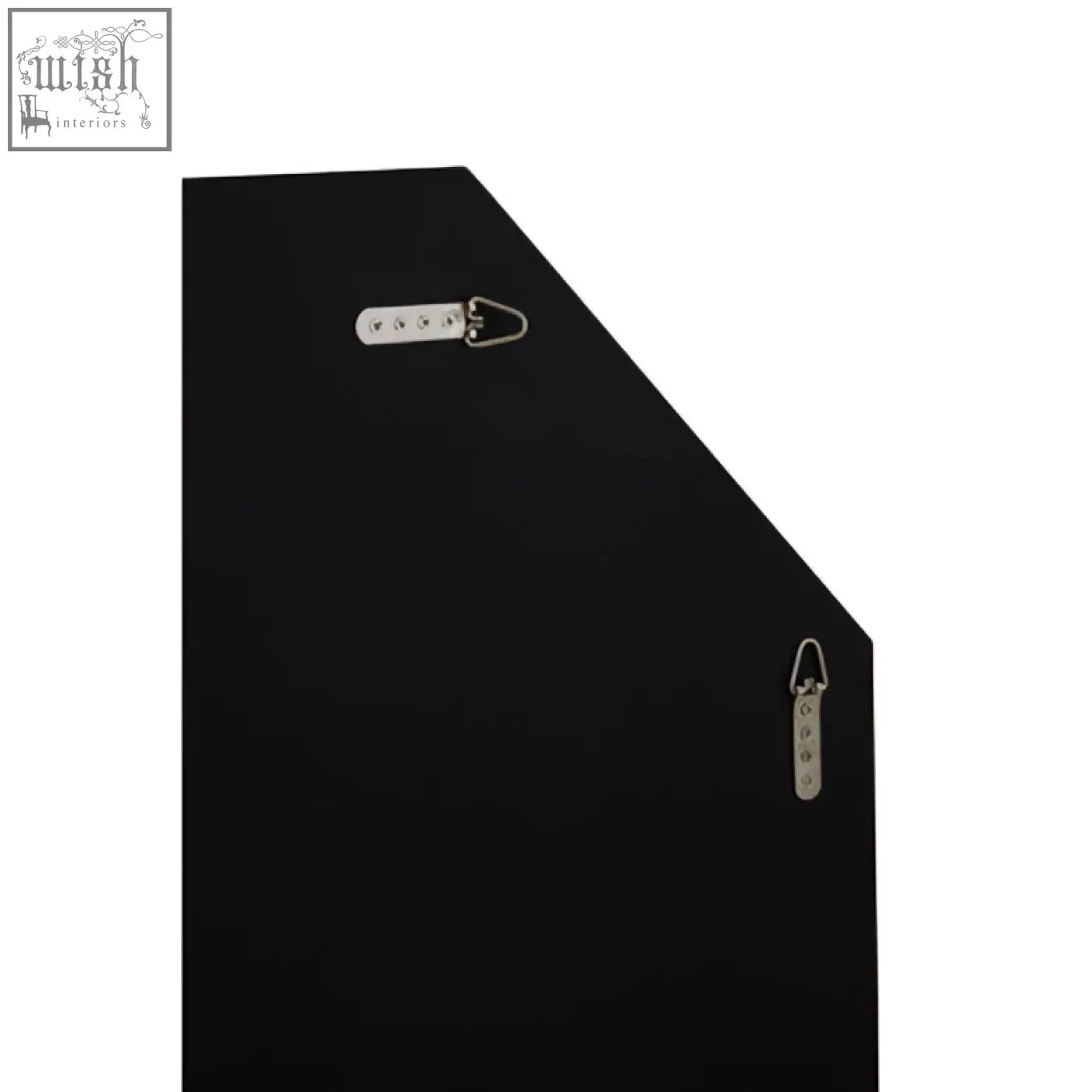 Black rectangular picture frame with silver hanging hardware on the back of josie silver octagon wall mirror