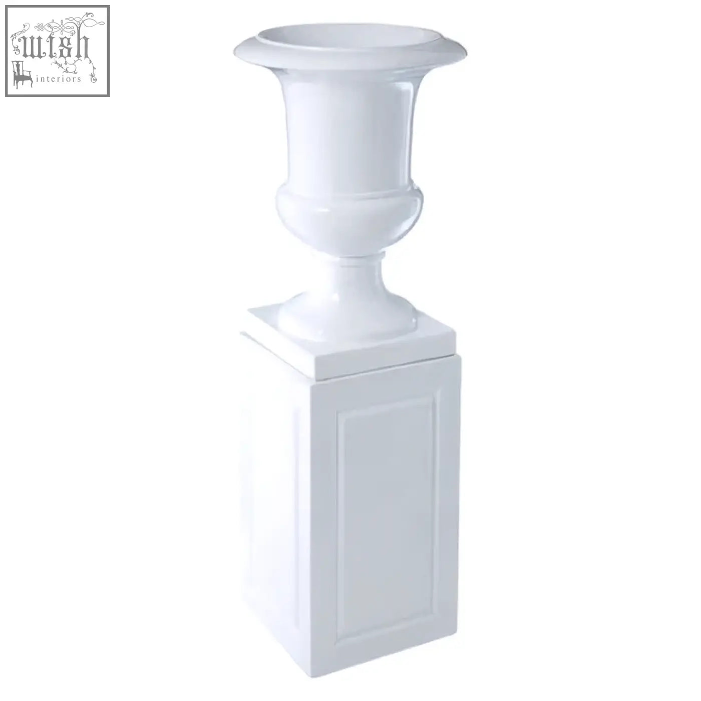 Josten white planter is a white ceramic urn with classical design flared rim and ornate detailing on its body