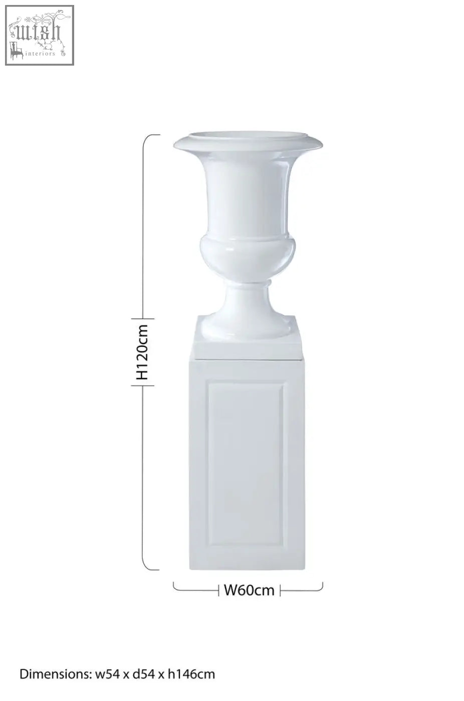 Josten white planter is a white ceramic urn with classical design and fluted rim on a square pedestal base