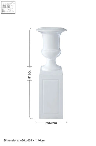Josten white planter is a white ceramic urn with classical design and fluted rim on a square pedestal base
