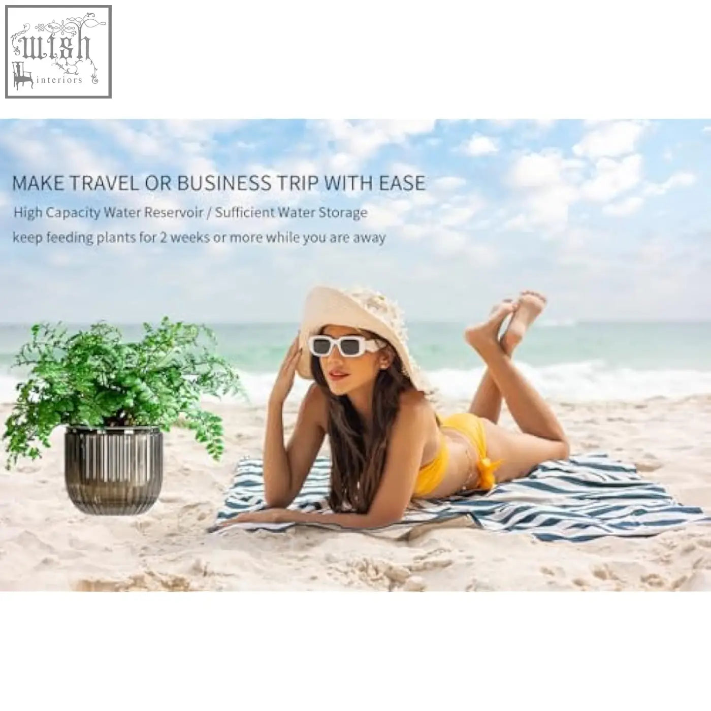 A sleek dark gray ribbed ceramic outer pot with visible water level holding a lush green plant for indoor hanging use