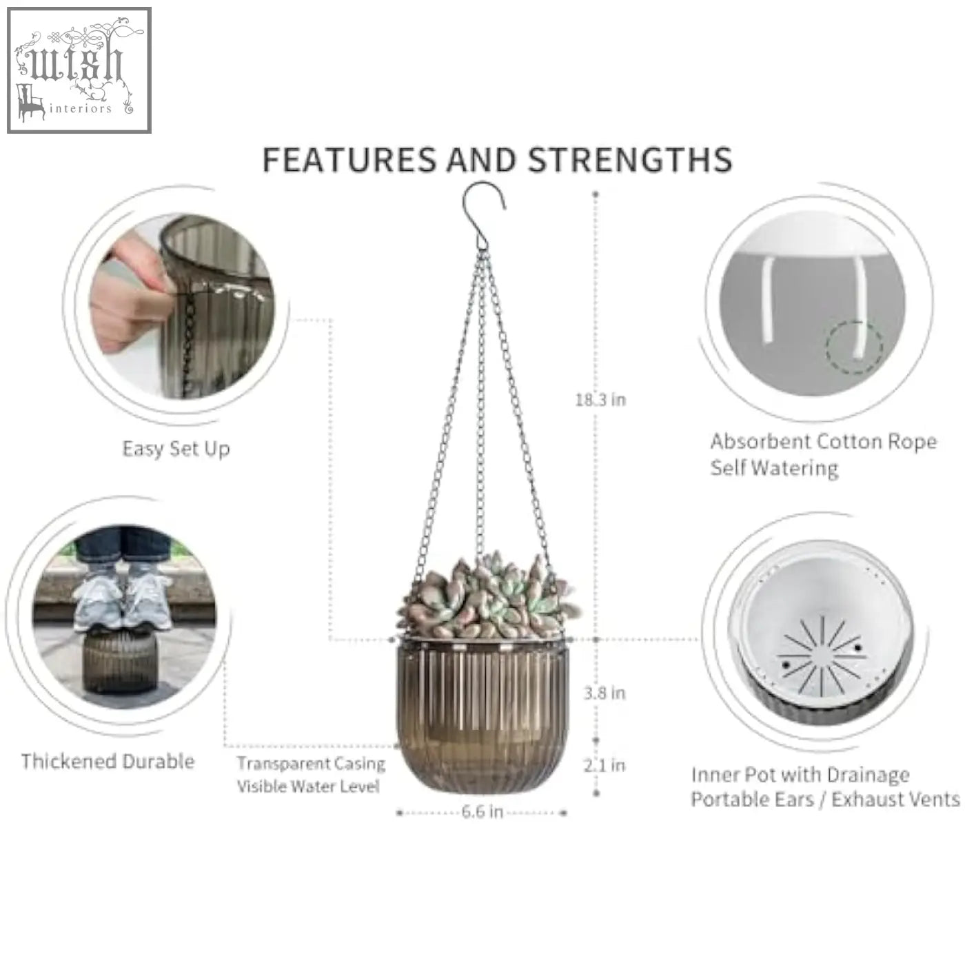 A josteve 6.5 inch self watering hanging planter with translucent ribbed glass outer pot and visible water level