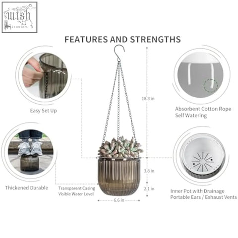 A josteve 6.5 inch self watering hanging planter with translucent ribbed glass outer pot and visible water level
