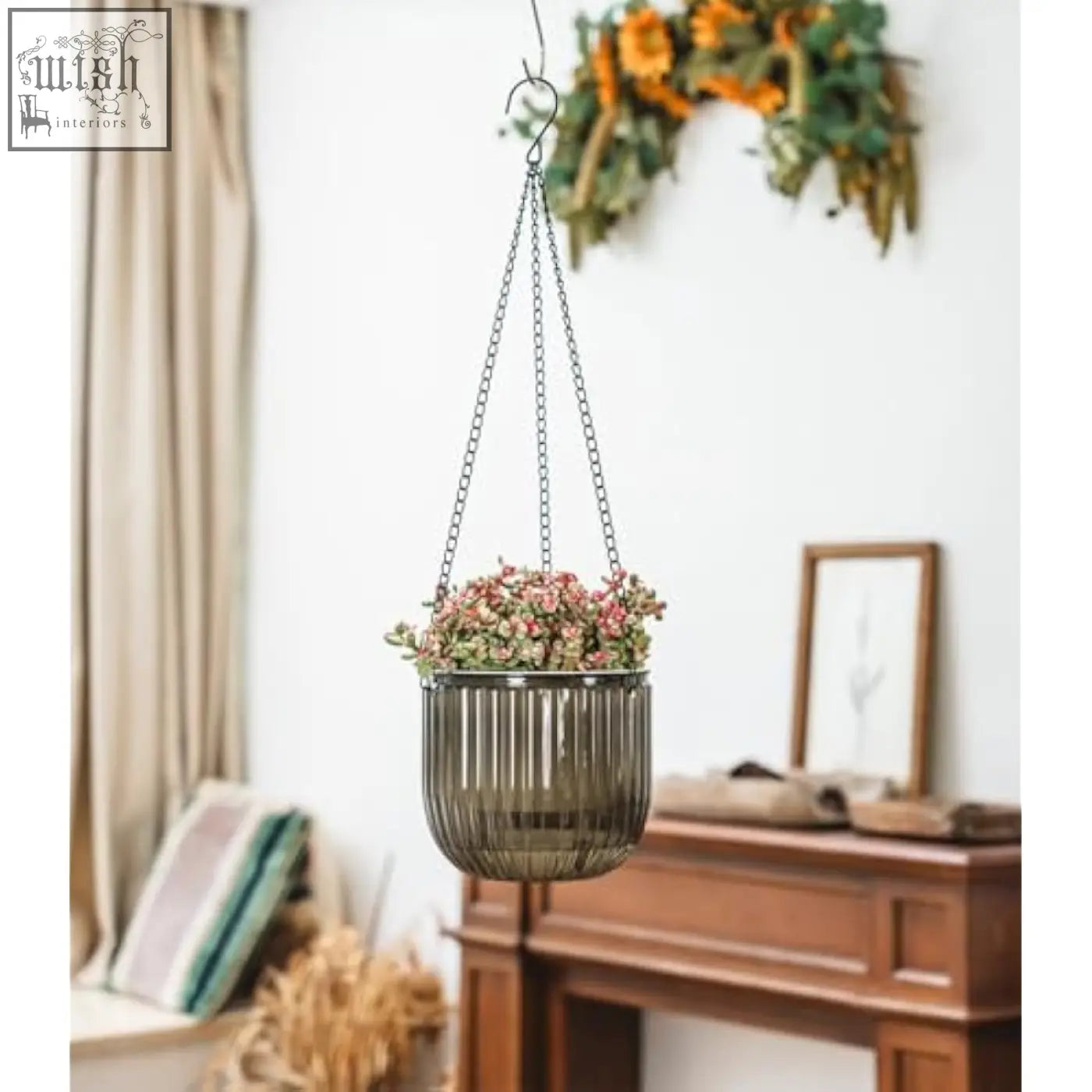 Josteve 6.5 inch dark ribbed glass hanging planter with visible water level and black metal chains for indoor use