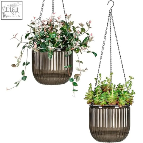 Brown ribbed josteve 6.5 inch hanging planters with chain suspensions and visible water level for indoor use