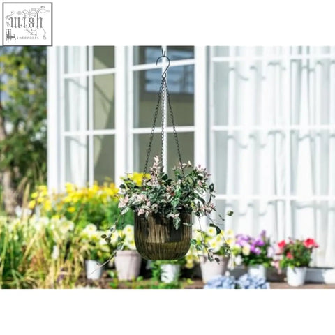 Rustic brown josteve hanging planter with chain suspension features visible water level and outer pot drainage holes