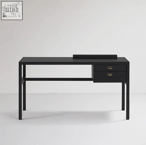 Black minimalist jottergoods office desk with two drawers and brass handles in sleek modern design