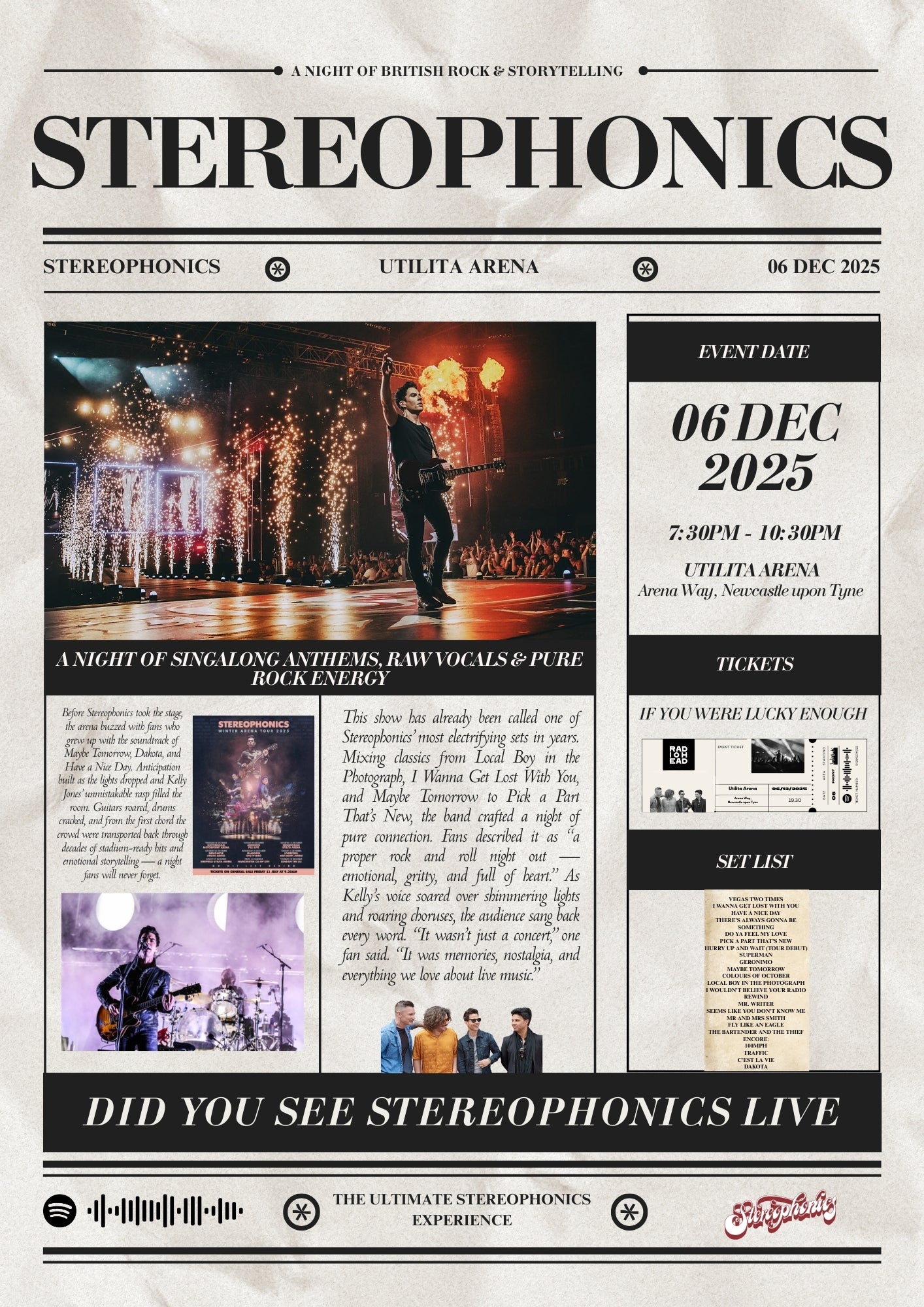 Stereophonics - Personalised Newspaper Style Concert Poster
