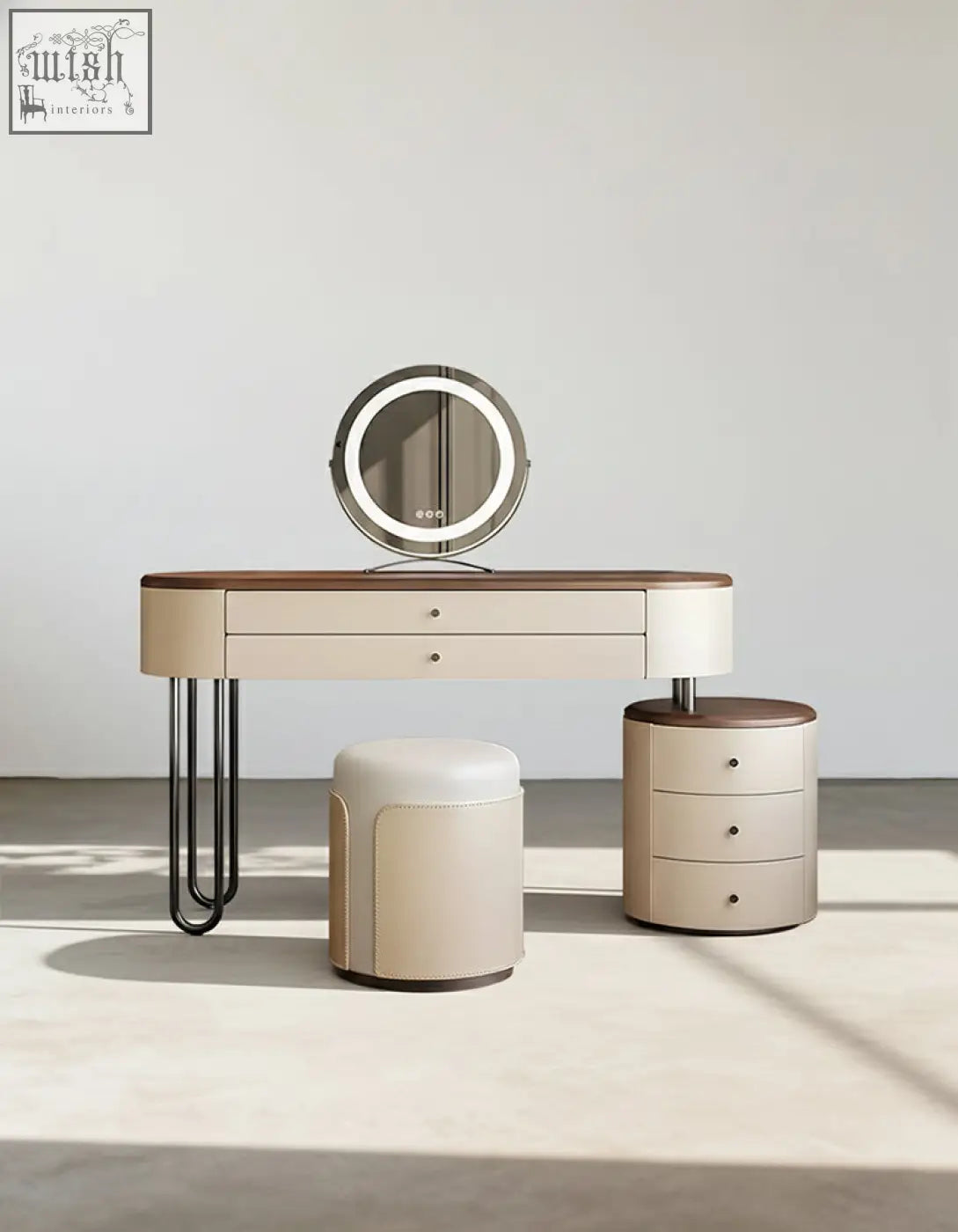 Beige juana dressing table with dark wood top, sleek black hairpin legs, and integrated circular led mirror offers ample surface space