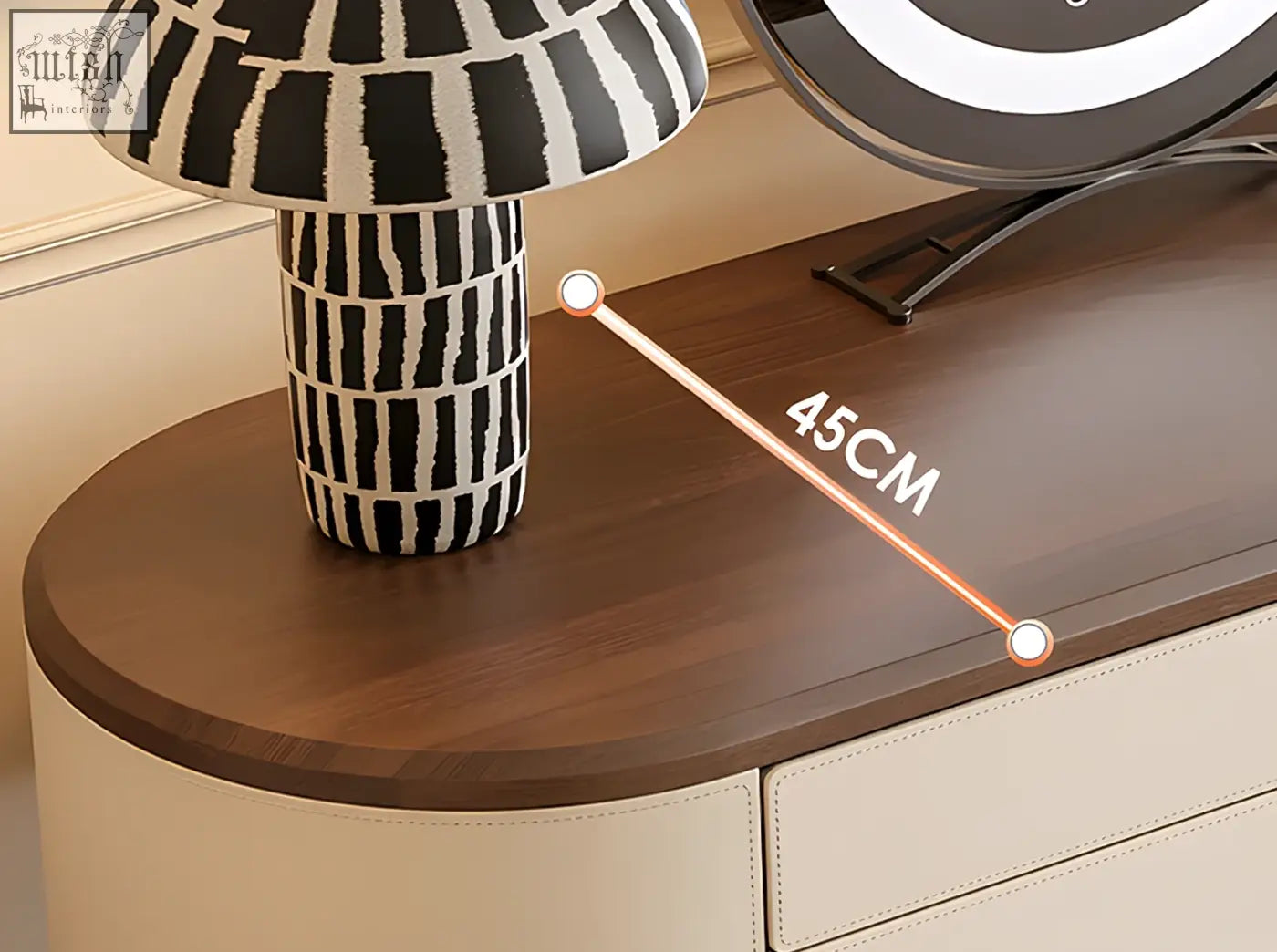 Black and white striped ceramic mushroom lamp on juana dressing table with mirror solid wood cream for ample surface space