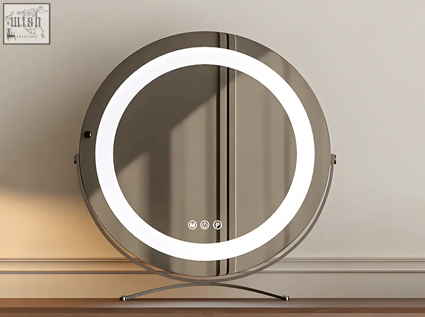 Circular vanity mirror with sleek metallic frame and led ring lighting on cream solid wood juana dressing table with ample surface space
