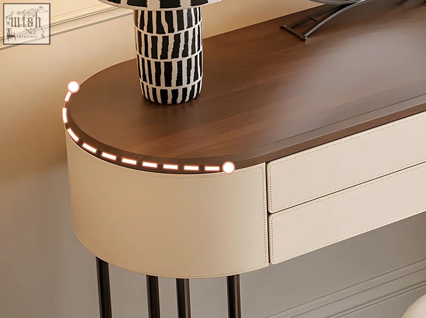 Cream dressing table with dark wood top and integrated led lighting offers ample surface space and style