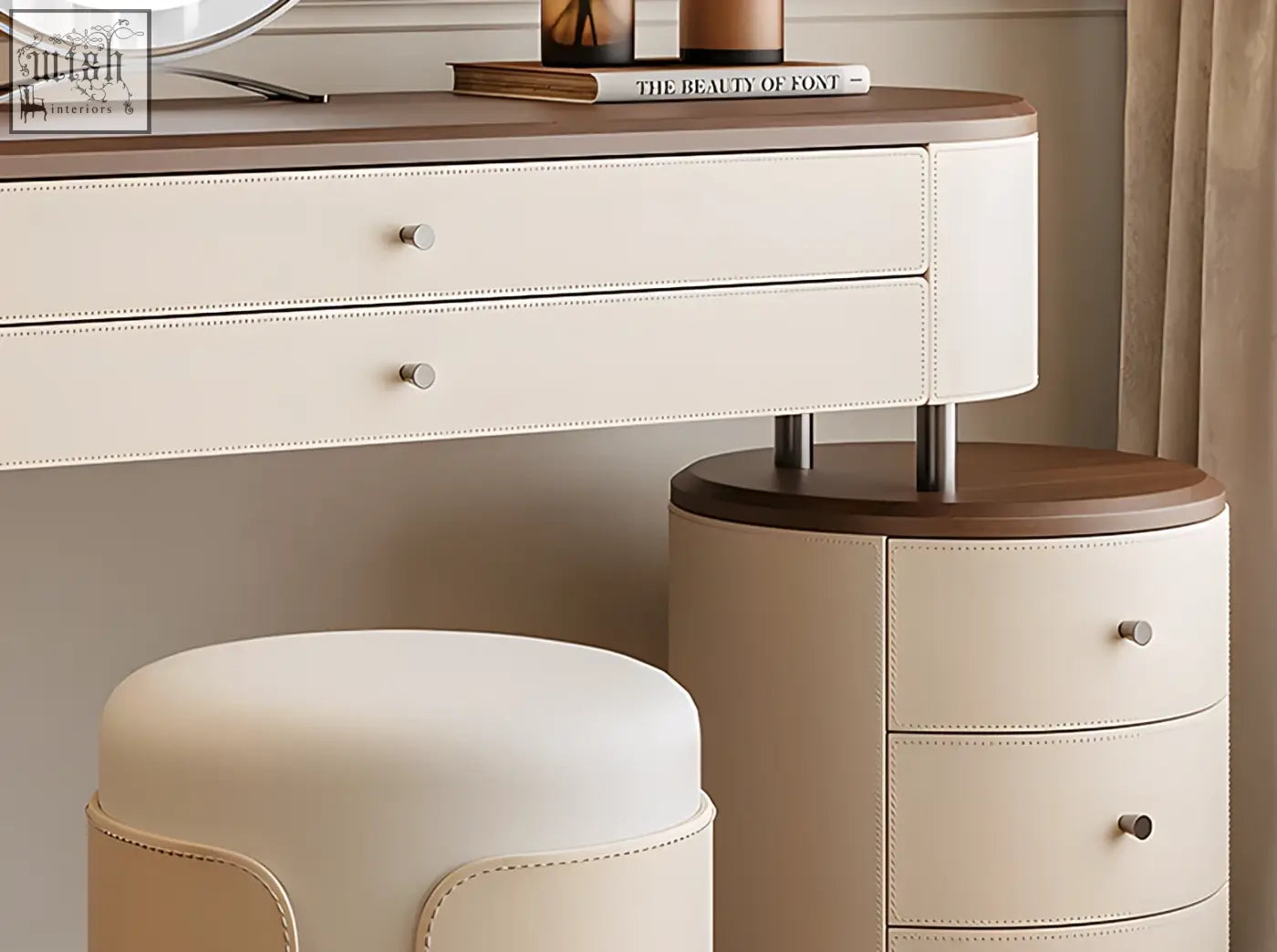 Cream-colored leather dressing table with dark wood top and curved edges offering ample surface space and low shipping cost