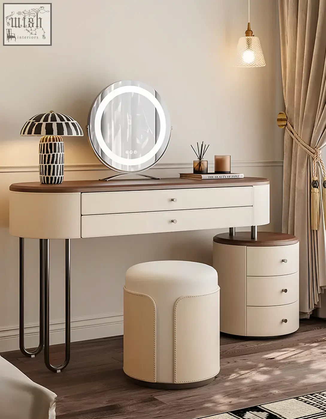 Cream juana dressing table with illuminated round mirror, solid wood, ample surface space, and metal legs, shipping cost info included
