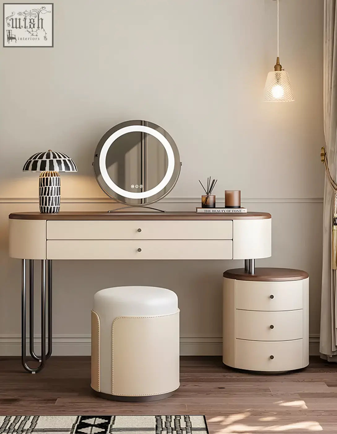 Cream juana dressing table with round mirror solid wood top and metal legs offers ample surface space and low shipping cost