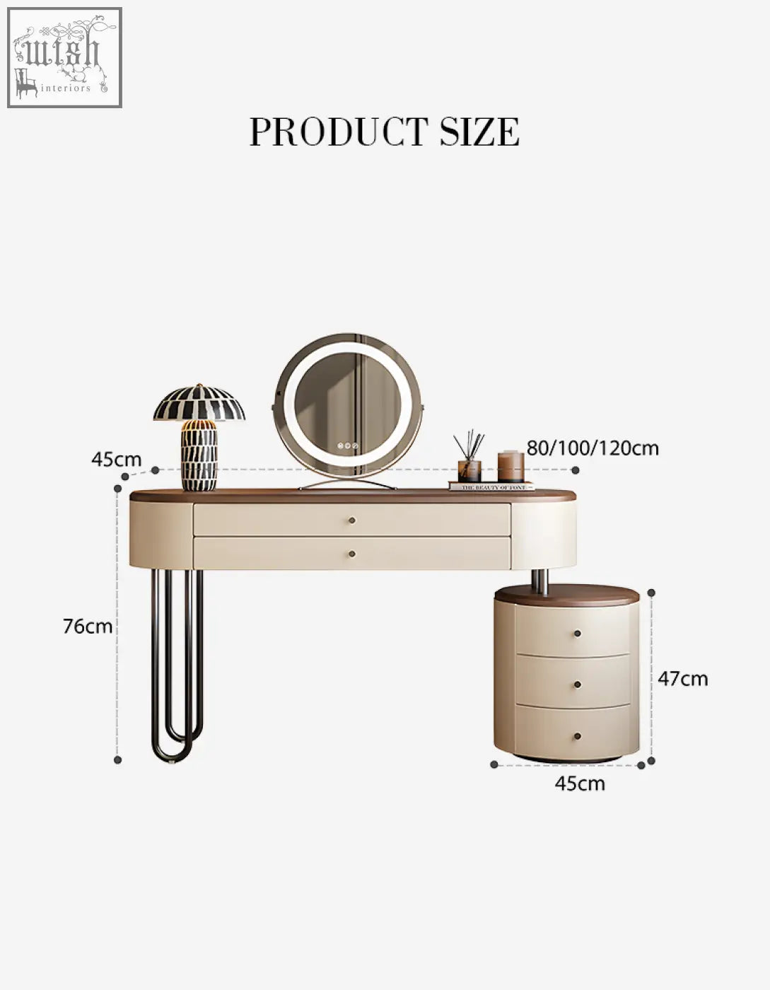 Modern beige juana dressing table with round illuminated mirror and ample surface space solid wood cream with side cabinet