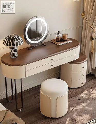 Juana dressing table with mirror features warm wood top, cream drawers, and black metal hairpin legs offering ample surface space