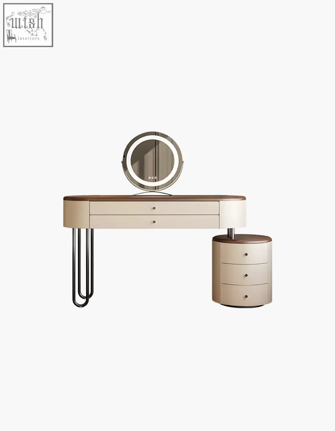 Modern Juana dressing tables with mirror featuring cream lacquer finish, solid wood, ample surface space, and sleek hairpin legs
