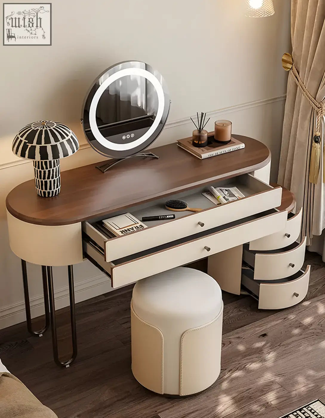 Modern juana dressing tables with mirror feature a warm wood top cream drawers and ample surface space with low shipping cost