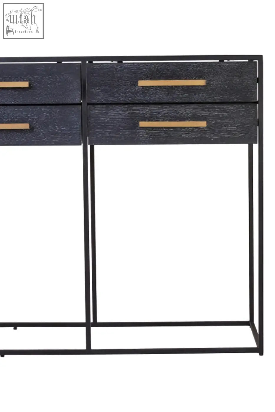 Judd black finish drawer console table in black metal with four drawers and gold tone handles
