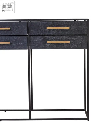 Judd black finish drawer console table in black metal with four drawers and gold tone handles