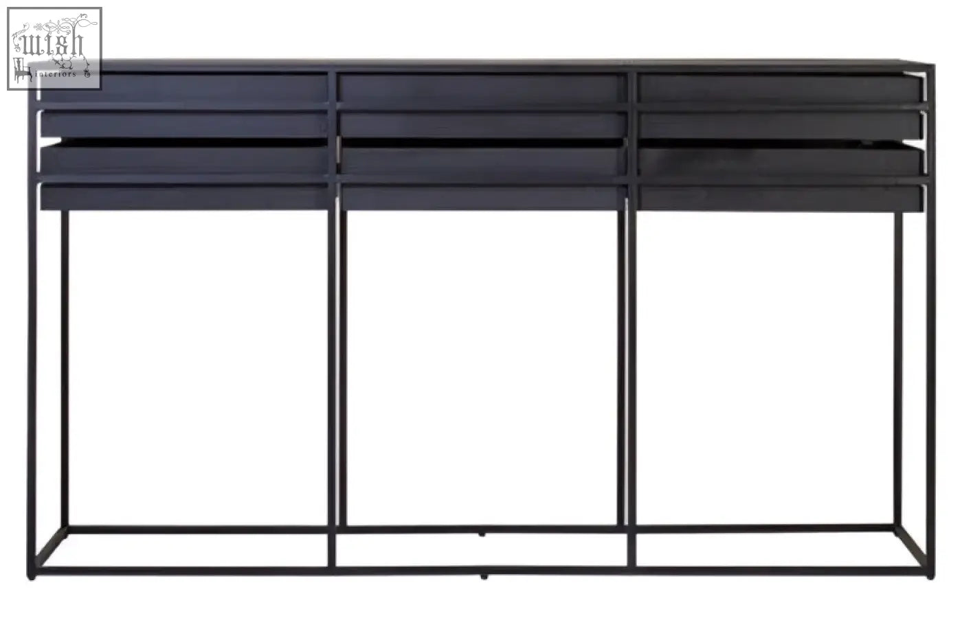 Black metal judd black finish drawer console table with three horizontal slatted drawers for stylish storage