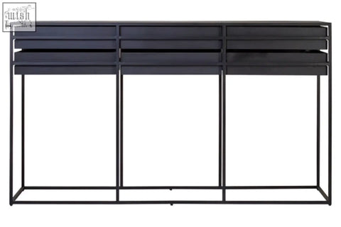 Black metal judd black finish drawer console table with three horizontal slatted drawers for stylish storage