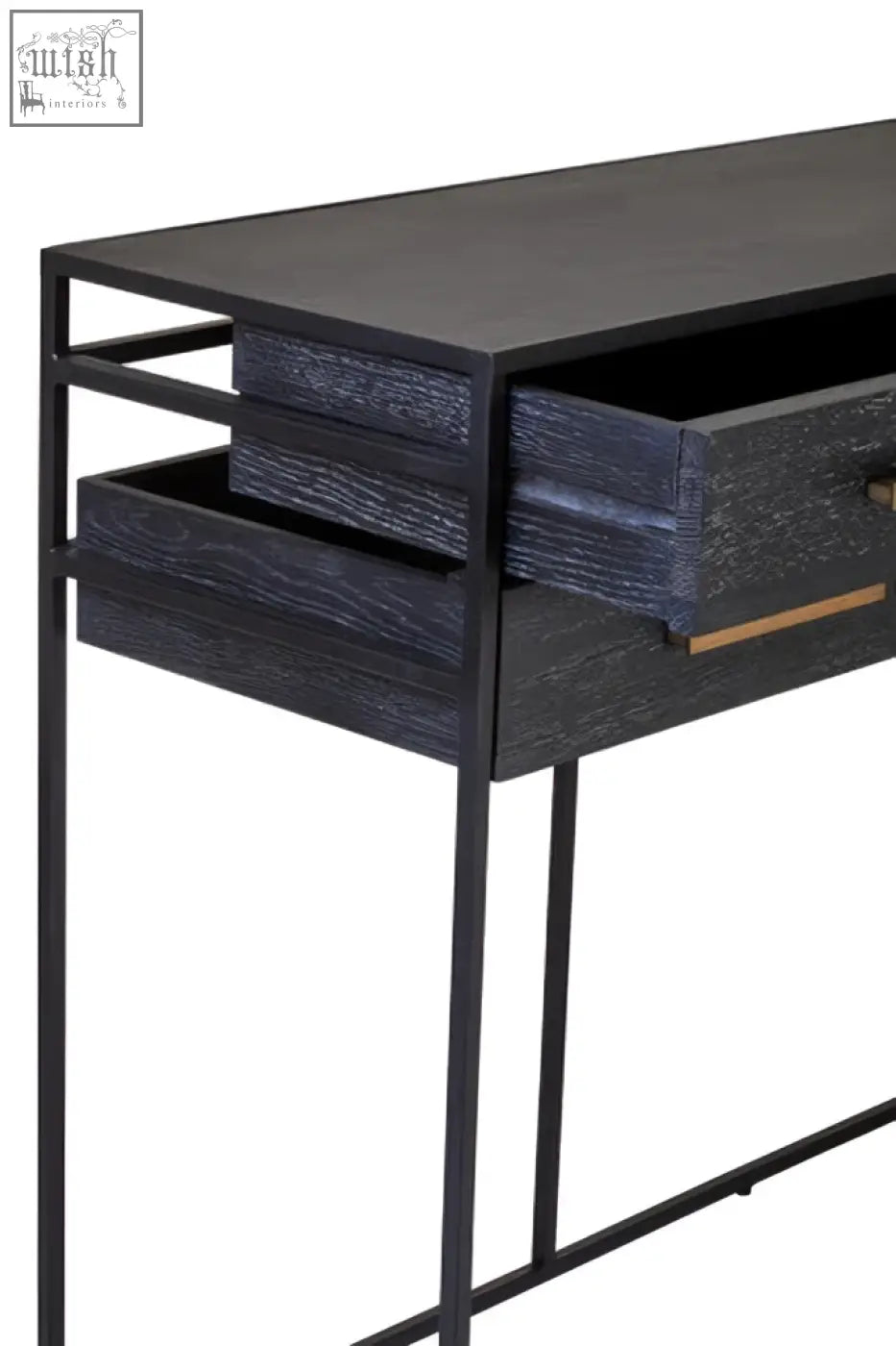 Black finish judd console table with two drawers, textured wood-grain finish, and brass-colored handles