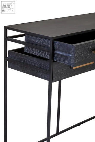 Black finish judd console table with two drawers, textured wood-grain finish, and brass-colored handles