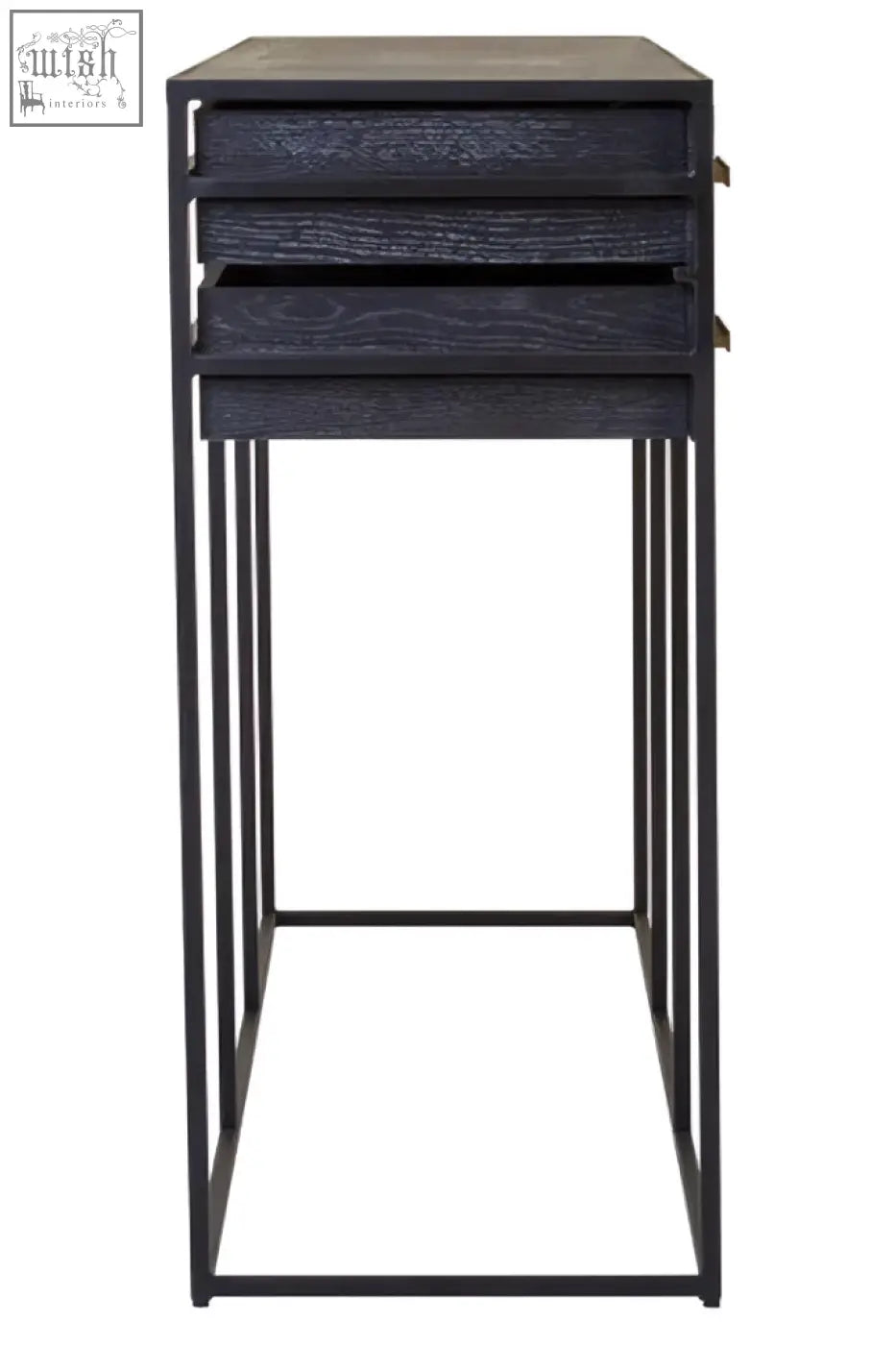 Black oak finish nesting side table with slender metal legs pairs well with judd black finish drawer console table