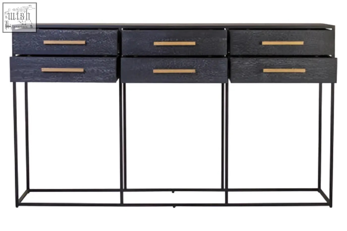 Black finish judd black finish drawer console table with six drawers and brass handles