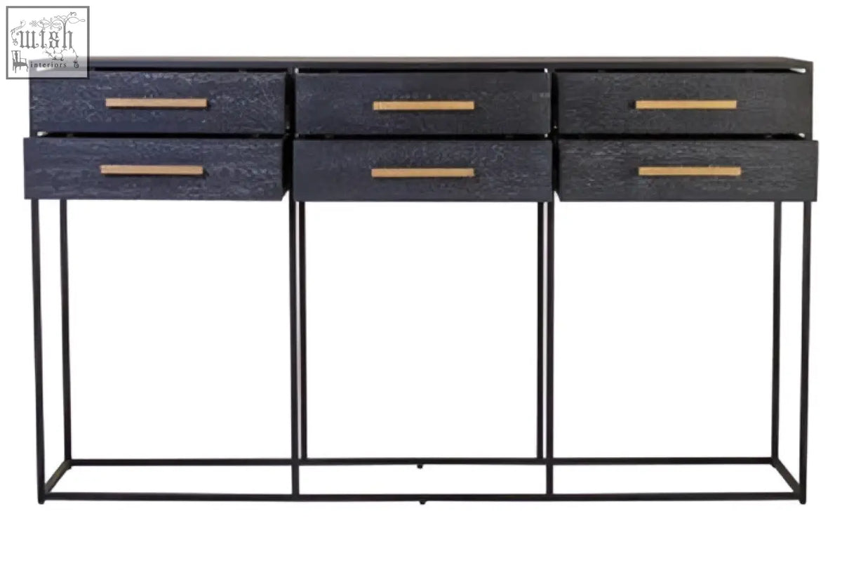 Black finish judd black finish drawer console table with six drawers and brass handles