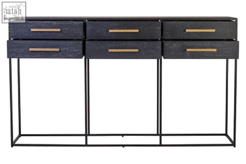 Black finish judd black finish drawer console table with six drawers and brass handles
