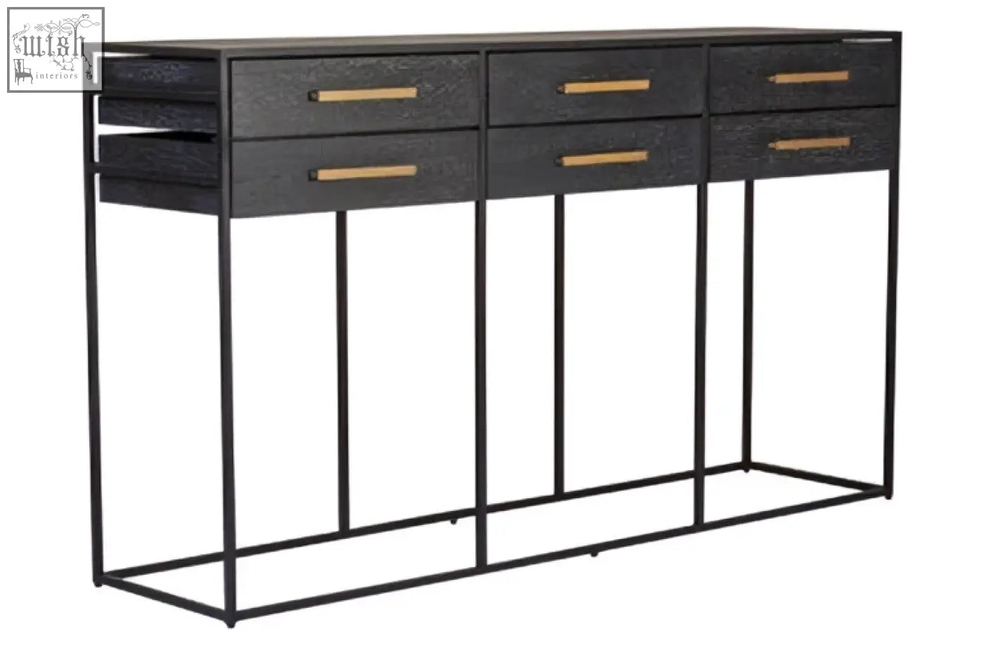 Black finish judd black finish 6 drawer console table with brass handles and textured surfaces