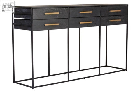 Black finish judd black finish 6 drawer console table with brass handles and textured surfaces