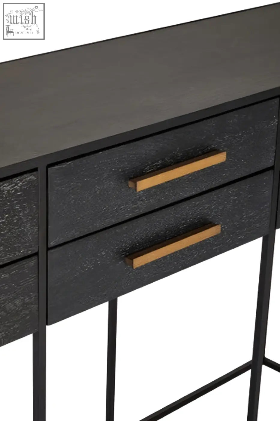 Black finish judd black finish 6 drawer console table with textured surface and gold-toned rectangular drawer pulls