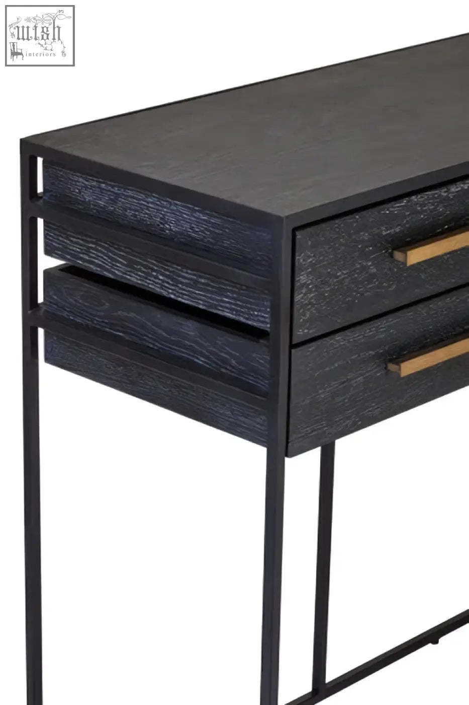 Black finish judd console table with two drawers and sleek gold-tone handles on minimalist black metal legs