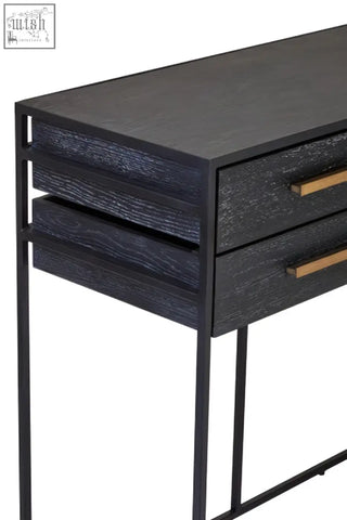 Black finish judd console table with two drawers and sleek gold-tone handles on minimalist black metal legs