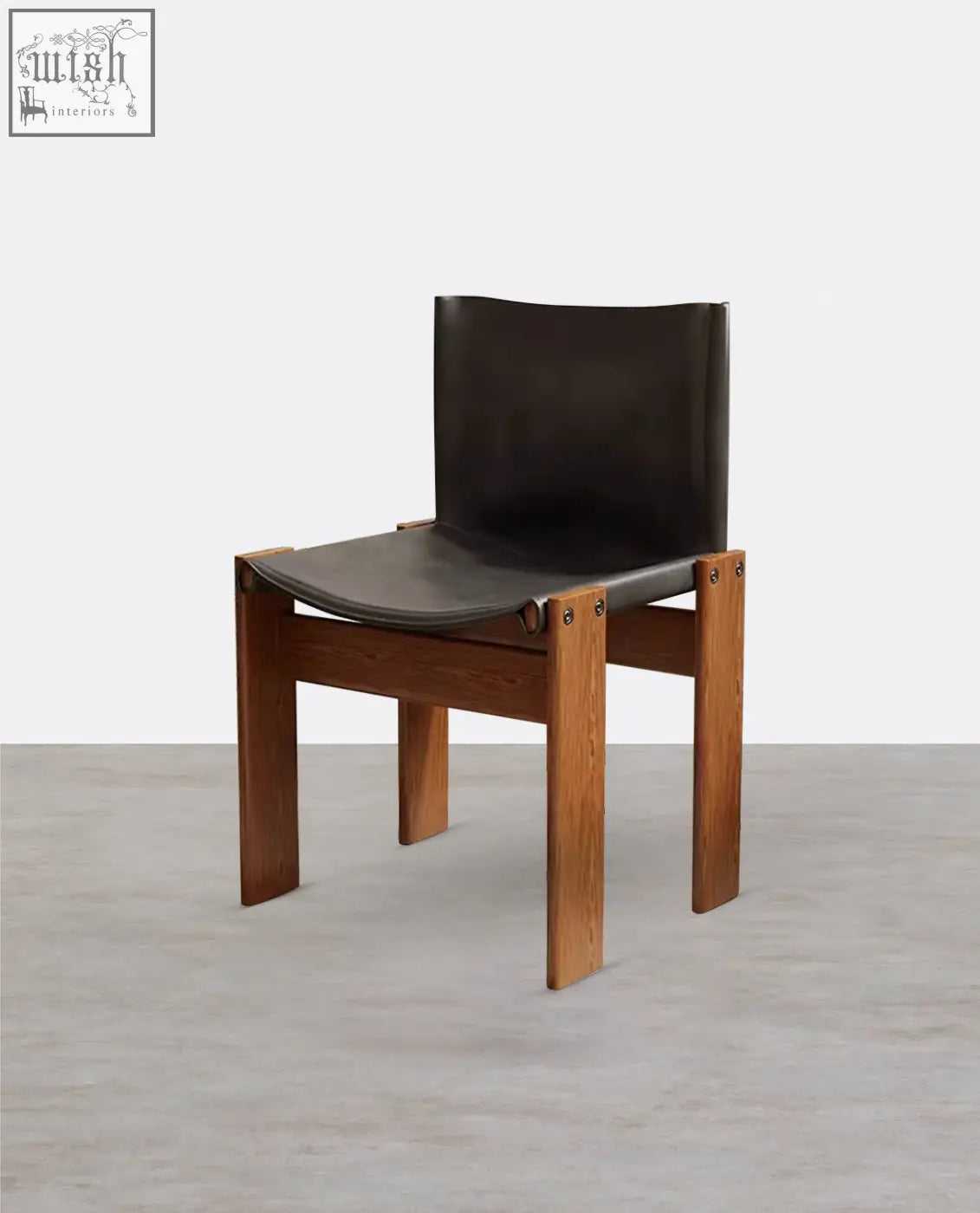 Dark brown leather seat and backrest on solid wood frame with metal fasteners for judith dining chair black