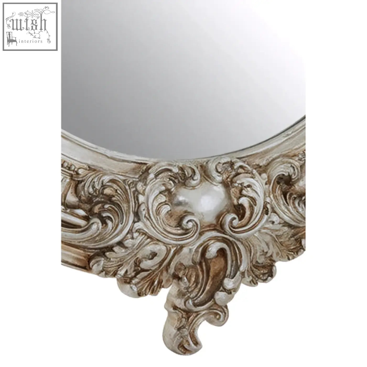 Antique silver champagne oval framed wall mirror with intricate baroque carvings and pearl accent