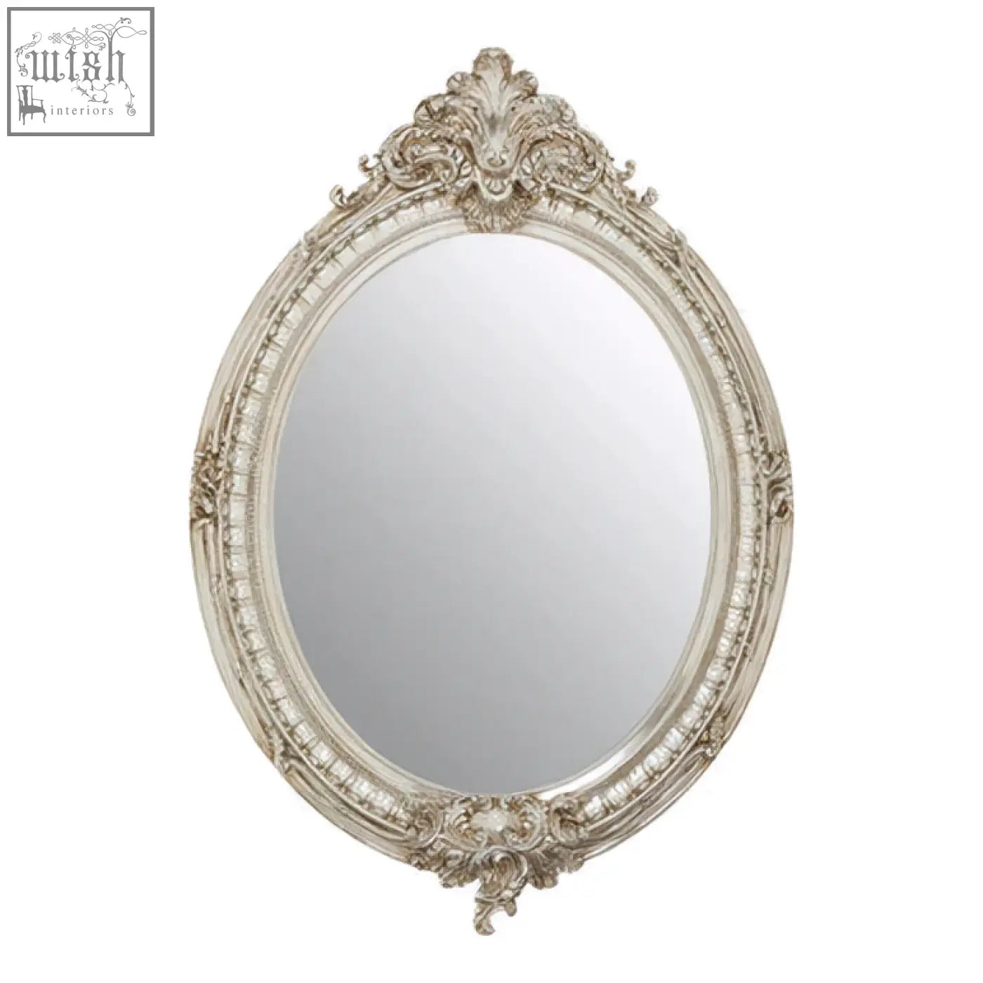 Antique-style juliet champagne oval framed wall mirror with ornate silver gold detailing and elegant design