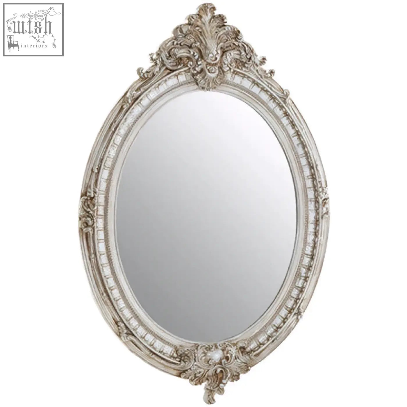Antique-style juliet champagne oval framed wall mirror with ornate silver-gold detailing and distressed white finish