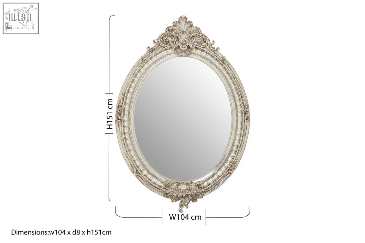 Ornate juliet champagne oval framed wall mirror with silver toned floral and scrollwork design framing an oval framed wall mirror