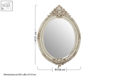 Ornate juliet champagne oval framed wall mirror with silver toned floral and scrollwork design framing an oval framed wall mirror