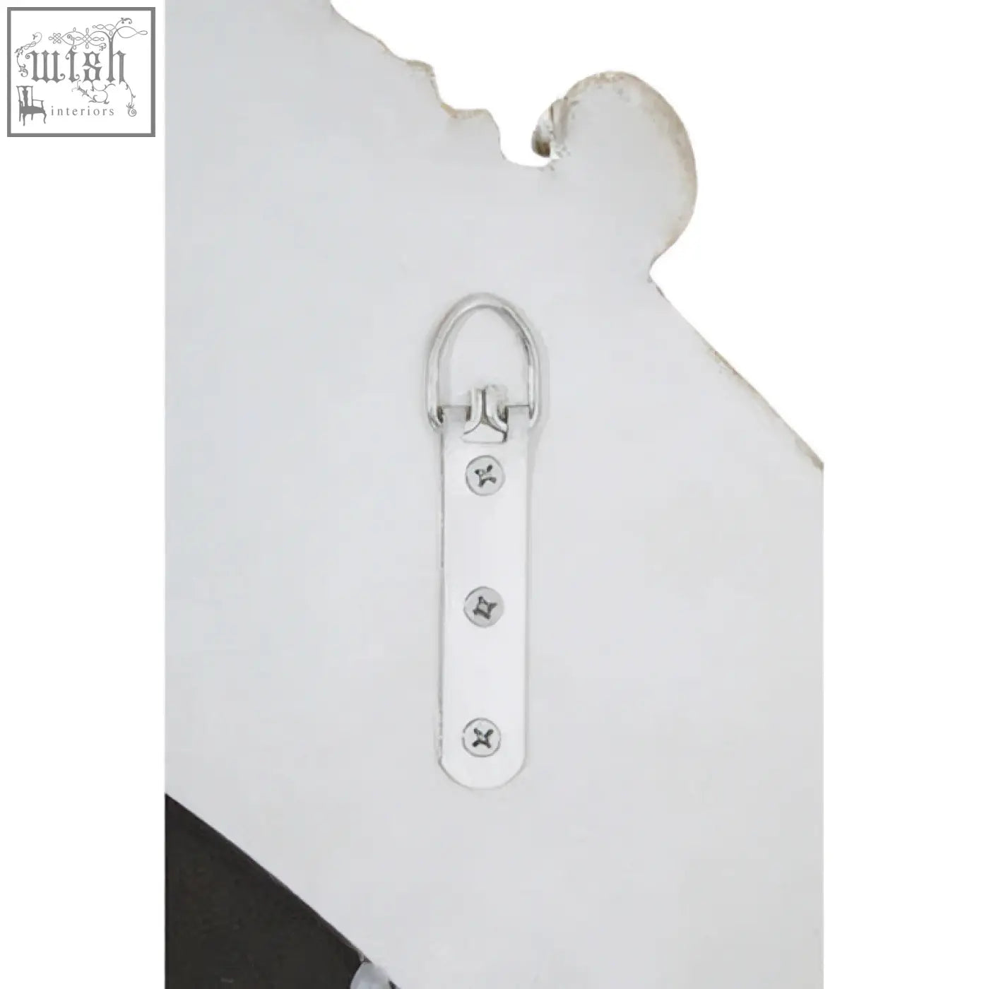 Back of a juliet champagne oval framed wall mirror showing white metal hanging bracket with screws and d-ring attachment