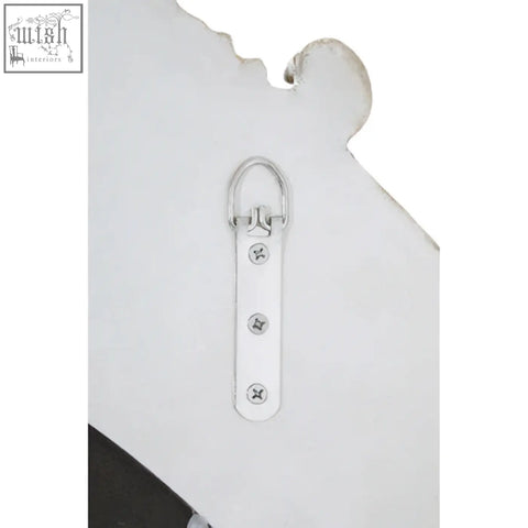 Back of a juliet champagne oval framed wall mirror showing white metal hanging bracket with screws and d-ring attachment