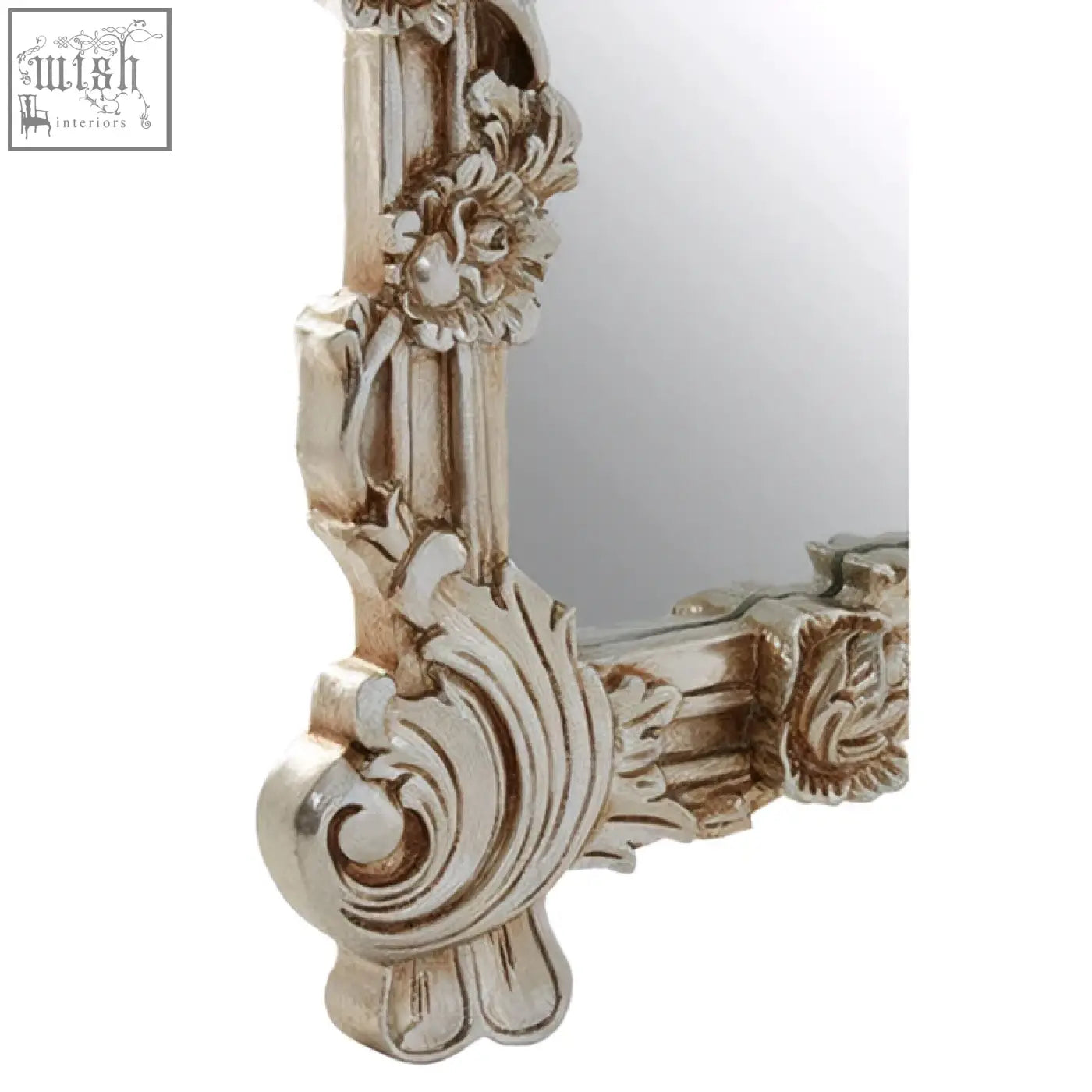 Antique silver-finished juliet rectangular framed wall mirror with ornate floral and scrollwork details