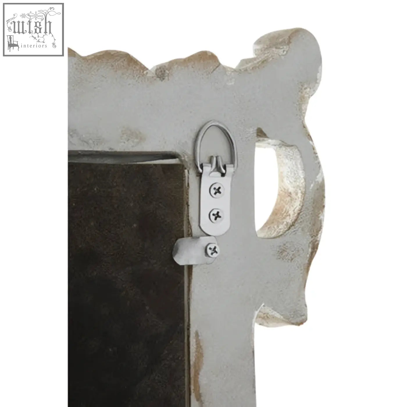 Antique silver juliet rectangular framed wall mirror with ornate scalloped edges and distressed finish